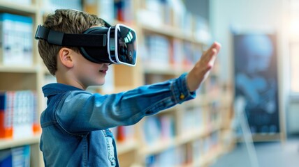 A little boy wears a VR headset and reaches out while testing out augmented technology.