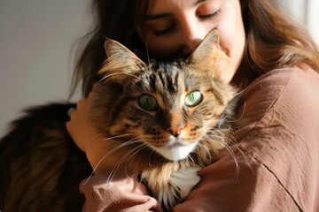 Woman hugging cat with big green eyes, international kissing day image