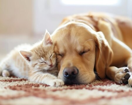 A kitten and dog cuddling together warmly on the carpet, emotional kiss picture