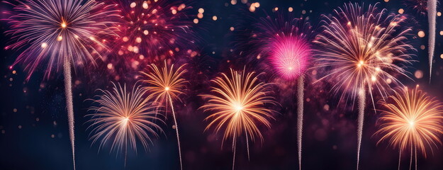 Fototapeta na wymiar Spectacular Fireworks Display with Bokeh Lights Background