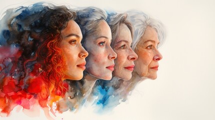 Watercolor painting of women's faces in profile, showing aging progression with a vibrant color splash