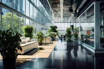 Corporate luxury modern interior. Business open space. Hotel lobby. Business modern glass company office building. High glass walls. Green interior with many plants - 742672520
