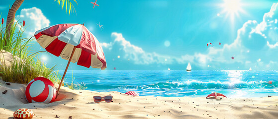 Idyllic beach scene with clear blue ocean and golden sand, evoking a sense of summer, travel, and tropical paradise