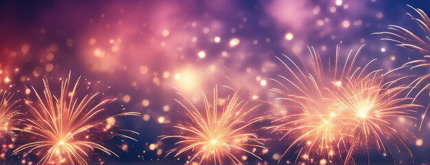 Fototapeta premium Panoramic View of Sparkling Fireworks and Bokeh Lights