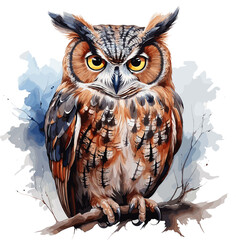 Drawing illustration of a horned owl sitting on a tree branch. Isolated on white background. Vector.