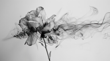 Abstract black rose with smoke effect. White background. Japanese ink painting style
