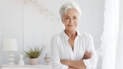 Elderly smiling woman on white background