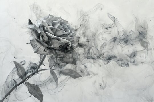 Abstract black rose with smoke effect. White background. Japanese ink painting style