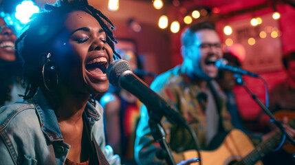 A group of friends are singing along to a band in a pub. The friends young, The friends in the foreground with the band in the background, The photo convey a sense of friendship.