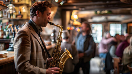 A musician is playing a saxophone in a pub with a small crowd listening. The musician male, The musician in the foreground with the pub in the background, The photo convey a sense of intimacy. - obrazy, fototapety, plakaty
