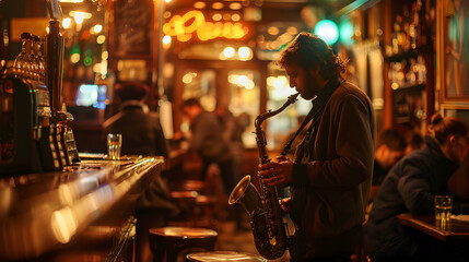 A musician is playing a saxophone in a pub with a small crowd listening. The musician male, The musician in the foreground with the pub in the background, The photo convey a sense of intimacy.