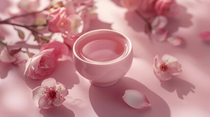 Fototapeta na wymiar Cosmetic commercial product photo for rose oil, niacinamide, hyaluronic acid, retinol, monochromatic photo in teacup rose hue 
