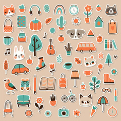 Cute daily sticker set. Colored hand drawn doodles. Vector illustration.