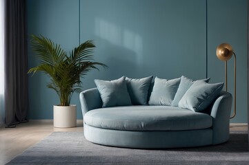 living room interior with blue sofa and plants