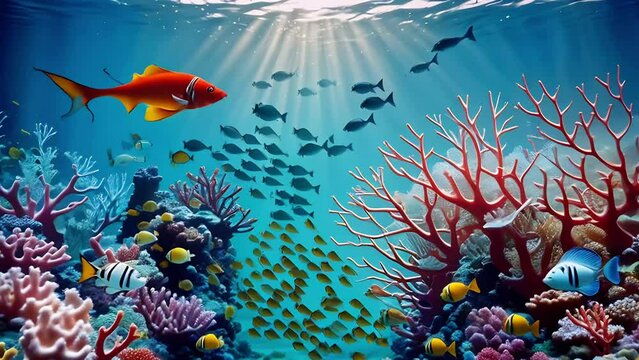 Picturesque seascape of an underwater fantastic coral reef with colorful tropical fish. Beautiful living coral gardens and lots of fish swim and feed in the clear transparent blue sea.