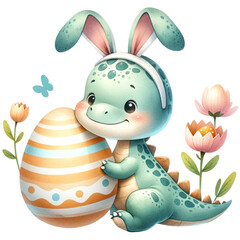 Dinosaur in Bunny Ears Holding an Easter Egg
