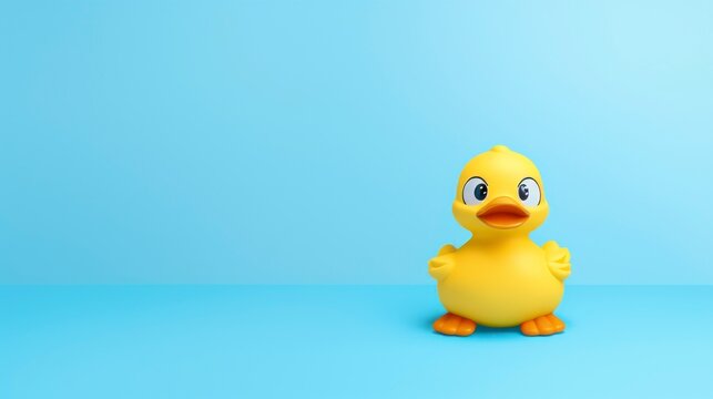 Yellow rubber duck toy on blue background.