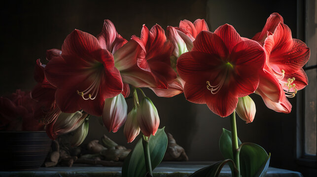 hyper-realistic close-up images capturing the intricate details of Amaryllis blossoms illuminated by soft candlelight. Frame the composition to highlight the delicate petals and rich hues, emphasizing