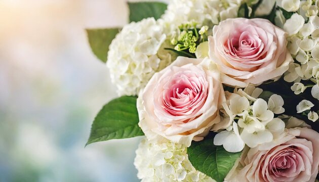 delicate blooming festive roses and white hydrangea flowers blossoming rose flower soft pastel background wedding bouquet floral card selective focus
