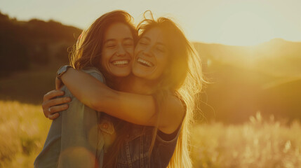 Two best friends laughing together in a sunlit field, casual and carefree, arms around each other, embodying the joy of Best Friends Day