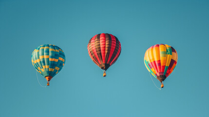 Obraz premium Colorful hot air balloons floating in a clear blue sky, vibrant and cheerful, celebrating Hot Air Balloon Day, sense of adventure and freedom