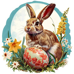 Easter bunny with an egg, illustration isolated on white transparent background, png 