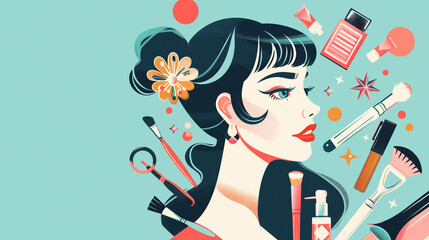 Illustration of a beautician with a toolkit of beauty products and tools, colorful and stylish, tribute to their artistry on Beautician's Day