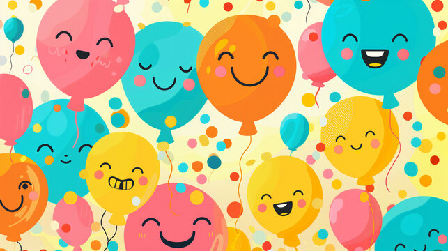 Bright and cheerful background with smiling colorful balloons and confetti, celebrating Smile Power Day, spreading happiness and positivity
