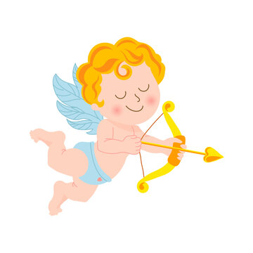 Cute cupid with bow and arrow, baby angel with a halo in the sky with clouds. Illustration, vector