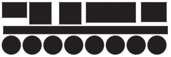 Scallop edge shapes - circle, square, oval, modern brutalism forms. Retro vawe swiss design elements with frill border. Vector illustration of aesthetic futuristic figures