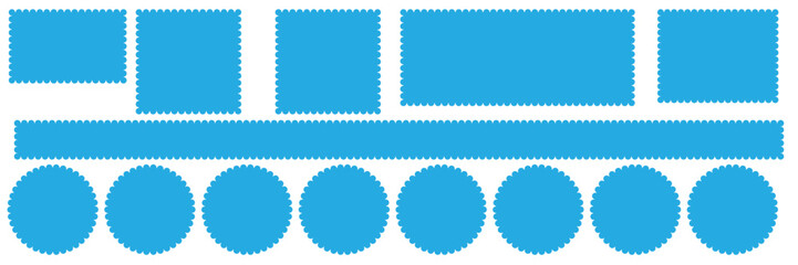 Scallop edge shapes - circle, square, oval, modern brutalism forms. Retro vawe swiss design elements with frill border. Vector illustration of aesthetic futuristic figures