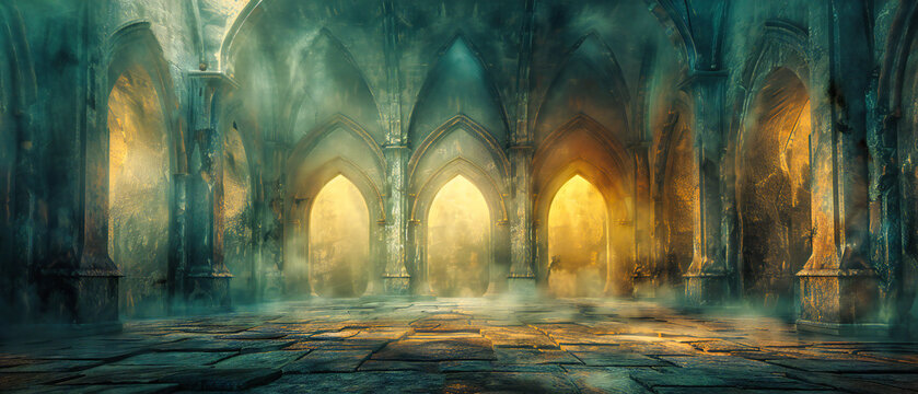 Gothic architecture against a dark, fantasy backdrop, highlighting the mysterious beauty of ancient buildings at night