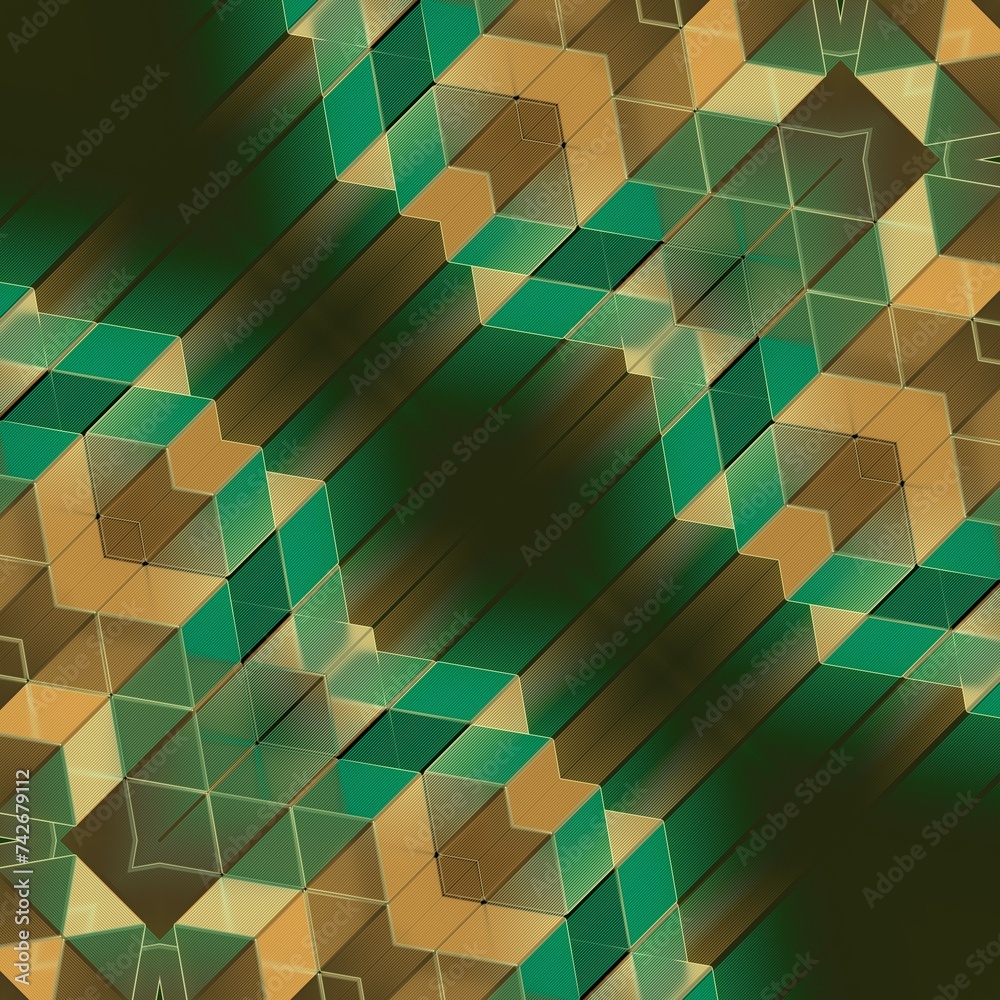 Poster Colorful abstract orange-green mosaic pattern of multicolored squares and rectangles. 3d rendering digital illustration