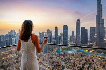 A beautiful luxury woman in a white dress enjoys the sunset view behind the illuminated skyline of Downtown Dubai, UAE, with a drink