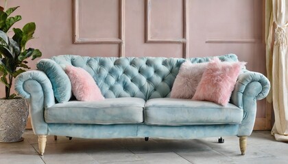 Fototapeta na wymiar sofa with a soft puff design featuring pastel pink and blue hues