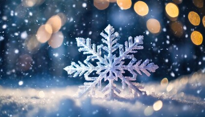 Fototapeta na wymiar snowflake ice crystal shape blurry lights and snow falling on a cold winter night