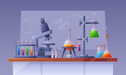 Chemical Laboratory equipment. Vector set of glassware with chemical reagents, microscope, glass tubes, beakers and pipeline, glass flasks, burner.Chemical scientific experiments with physics reaction