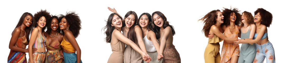 Group of beautiful young women celebrating with friends, happy smiling with standing posing together, isolated on white background, png