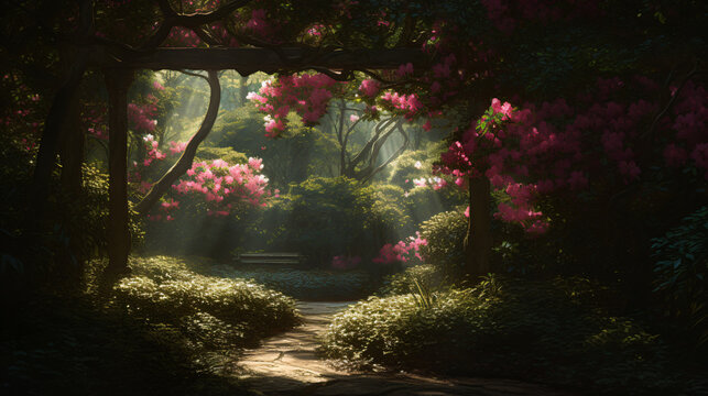hyper-realistic images of Azalea blooms surrounded by water features, radiating a sense of serenity. Frame the composition to emphasize the serene and calming ambiance, enhancing the cinematic qualiti