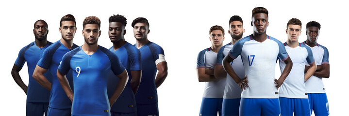 Group of young man soccer players sports team standing posing together, isolated on white background, png