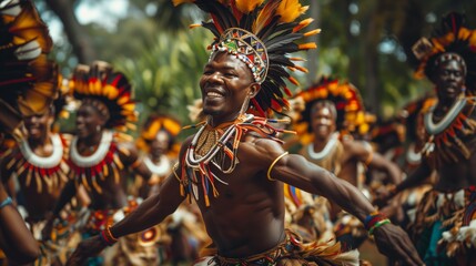 Energetic African tribal dancers in traditional attire celebrate culture with dynamic movements and...