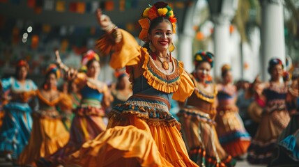 Dancers in colorful folkloric attire perform a traditional dance, showcasing their cultural pride at a festival. - obrazy, fototapety, plakaty