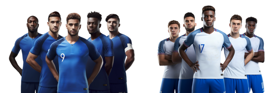 Group of young man soccer players sports team standing posing together, isolated on white background, png - Powered by Adobe