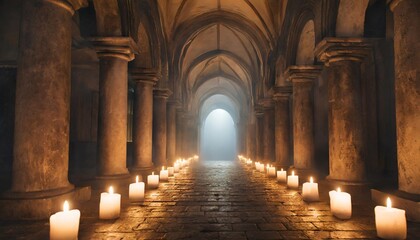 3d render of an old dark misty hallway lit with candles - obrazy, fototapety, plakaty