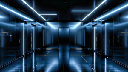Futuristic tunnel with neon lights, conveying a sense of motion and technology in a modern space