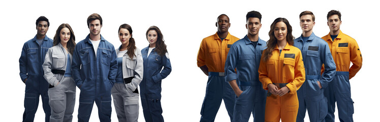 Group of young mechanic workers in uniforms standing posing together, isolated on white background, png