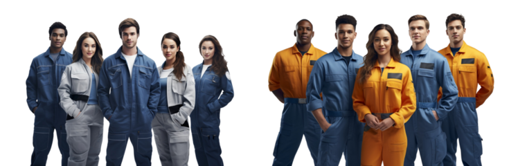 Group of young mechanic workers in uniforms standing posing together, isolated on white background, png