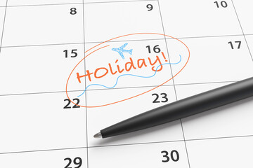 Red word Holiday, a blue plane and wave pattern drawn on a monthly calendar with a black pen on it. Illustration of the concept of vacation and annual leave