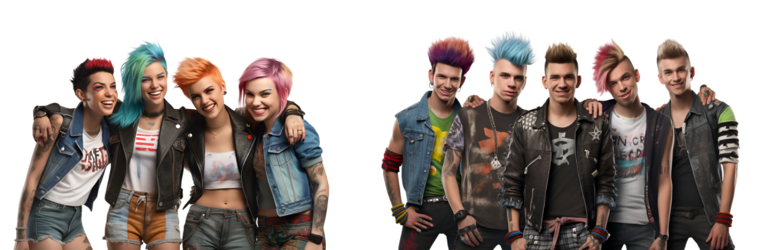 Group of happy young teen punks with friends standing posing together, isolated on white background, png - Powered by Adobe