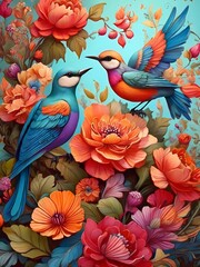 Fantastic birds and flowers. Cover of a children's book, magazine, booklet or poster. Floral background.